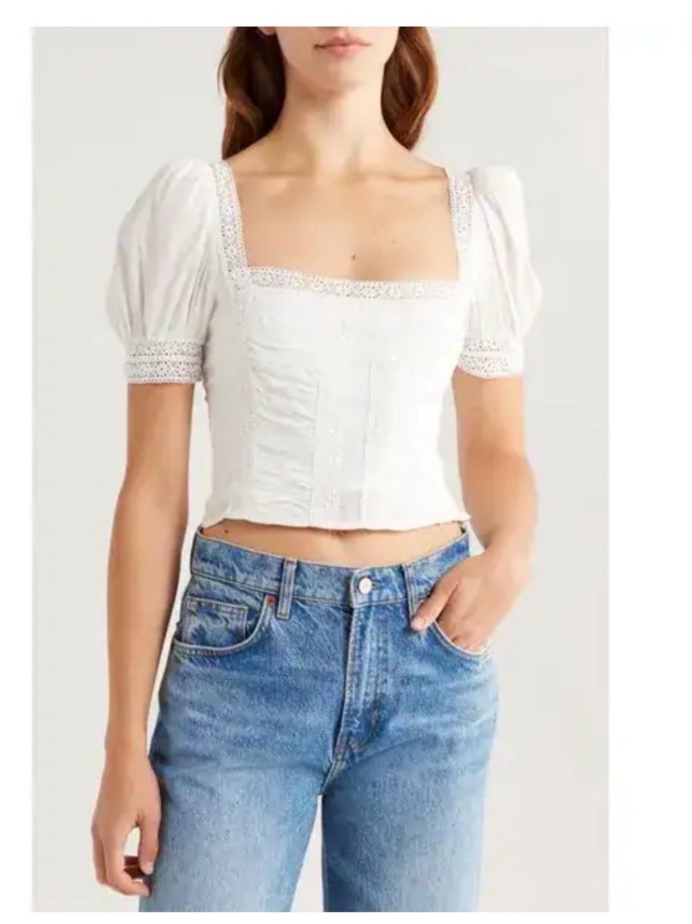 Reformation Lavena Lace-Trim Square puff Sleeve organic cotton Crop Top